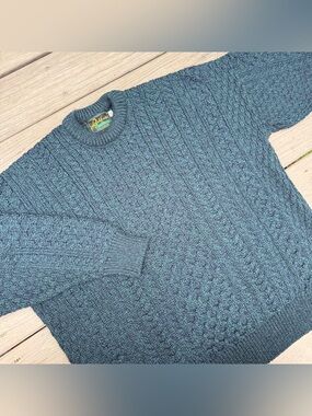 Latchfords or Ireland green blue pure new wool cable knit crewneck sweater XXL
